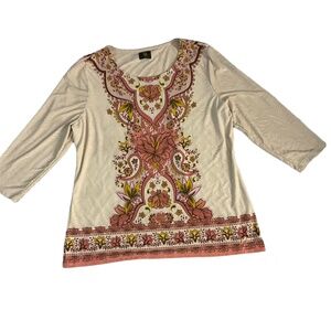 JM Collection  Eugene Pink Yellow Floral Embroidered 3/4 Sleeve‎ Blouse XL